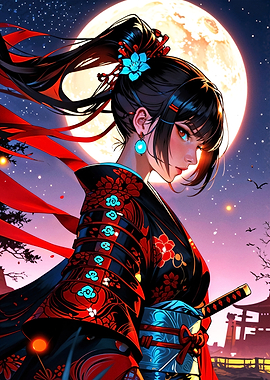 Moonlit Samurai Woman in Red Kimono