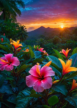 Tropical Sunset with Hibiscus