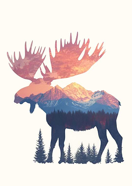 Moose Silhouette with Mountain Sunset