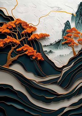 Gold & Teal Mountain Landscape