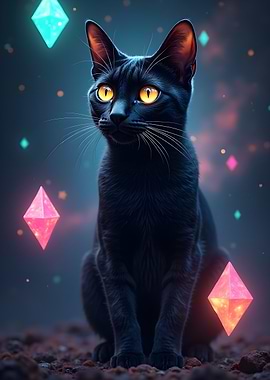 Black Cat with Glowing Diamonds