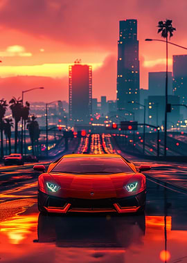 Red Lamborghini Sunset Cityscape