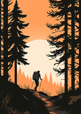 Hiker in Sunset Forest