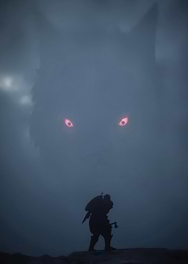 Warrior Facing Giant Wolf