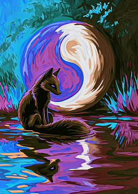 Purple Fox and Yin Yang Moon