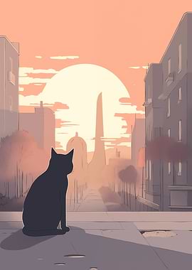 Cat at Sunset in City