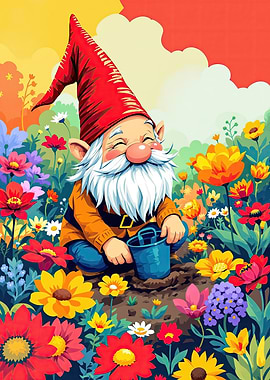 Garden Gnome in flowerbed