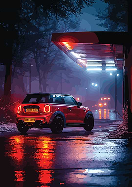 Red Mini Cooper at Night