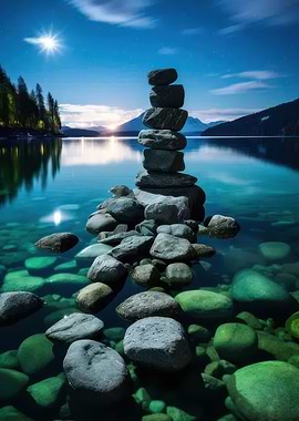 Stone Cairn by the Lake