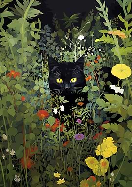 Black Cat in Flowers