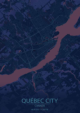 Quebec City Canada Blue and Purple Map
