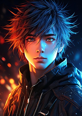Anime Boy with Blue and Red lighting