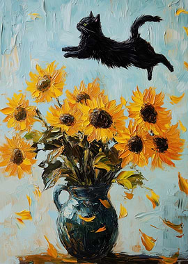 Black Cat and Sunflowers
