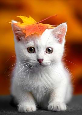 White Kitten with Autumn Leaf