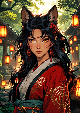 Kitsune Girl in Red Kimono