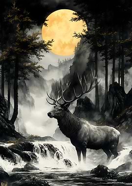 Elk Under Full Moon