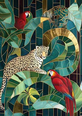 Jaguar and Macaws in Jungle