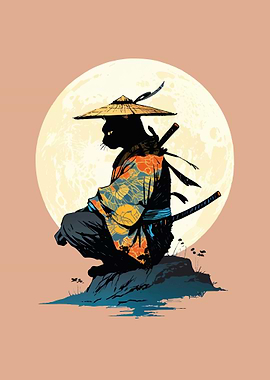 Samurai Cat sitting with Full Moon Illustration
