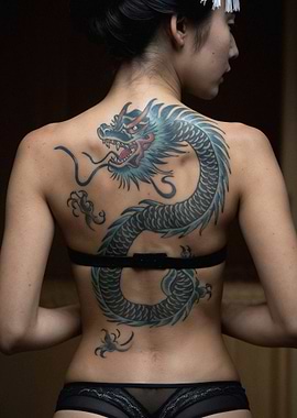 Japanese Geisha Girl with Irezumi Dragon Back Tattoo