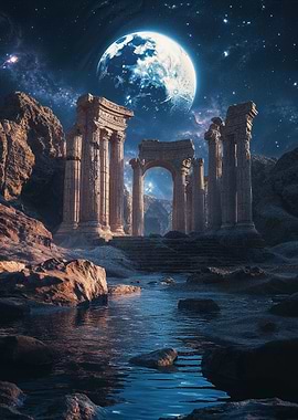 Ruined Temple Under Night Sky