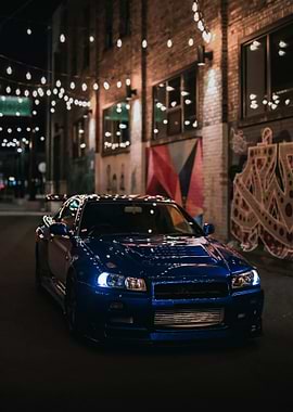 Blue Nissan Skyline R34, Godzilla, RB26DETT, JDM Legend, Supra enemy,