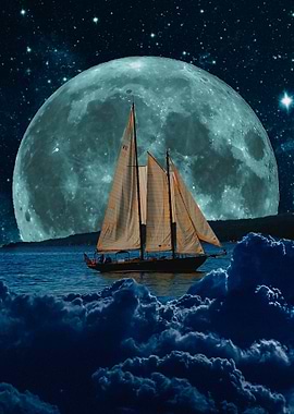 old Sailboat Under Full Moon