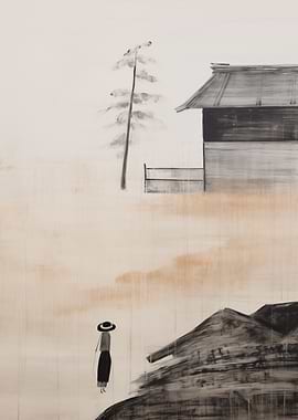 Woman in a Hat by a House