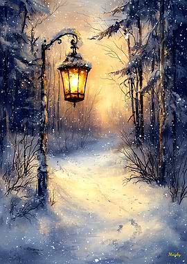 Winter's Glow: Lantern Light on a Snowy Path