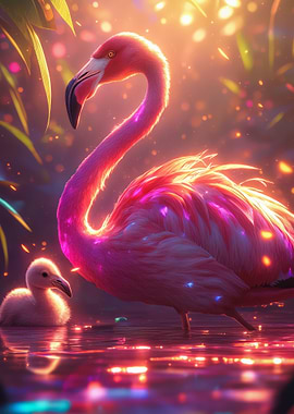 Pink Flamingo with Chick