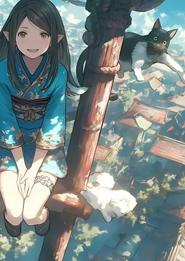 Anime Girl with Cats