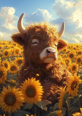 Highland Cow in Sunflower Field