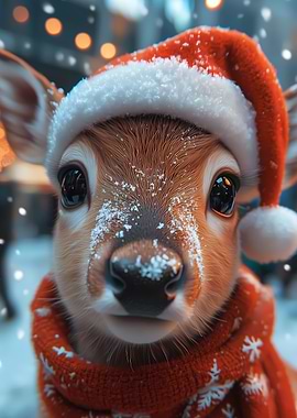 Fawn in Santa Hat Christmas