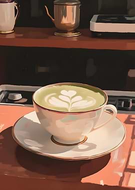 Matcha Latte with Leaf Art