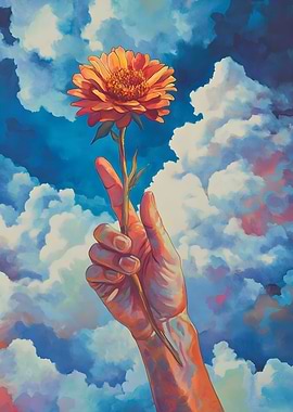A hand reaches out from the clouds holding Poster Art