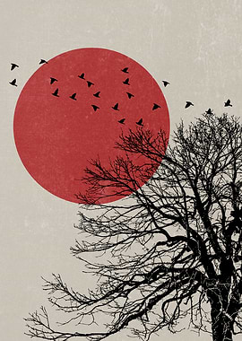 Red Sun and Bare Tree