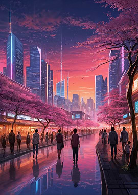 Cyberpunk Cityscape with Cherry Blossoms