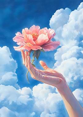 A hand reaches out from the clouds holding
