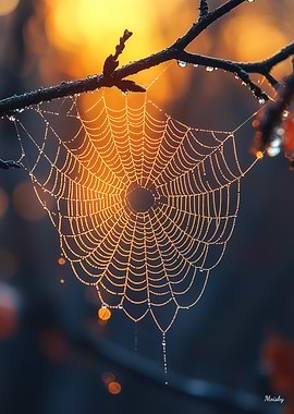 Dewy Spiderweb at Sunset
