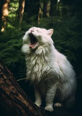 Yawning White Cat in Forest