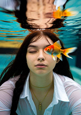 Woman Underwater with Goldfish