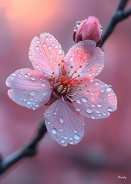 Cherry Blossom Close Up with Dew Drops