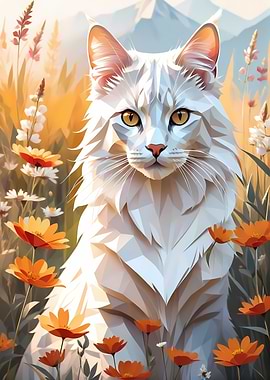 White Cat in Flower Field