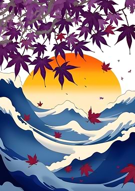 Japanese Wave with Maple Leaves