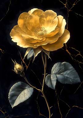 Golden Rose on Black Marble Japanese Landscape