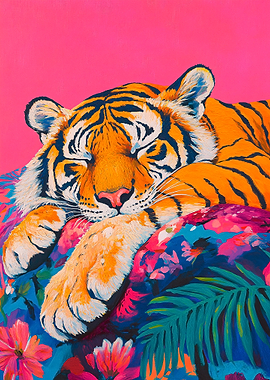Sleeping Tiger on Floral Background