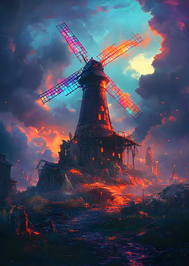 Windmill in a Fiery Landscape