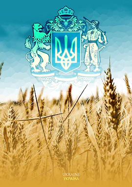 Ukraine Flag and Coat of Arms Wheat Field