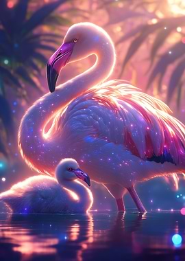 Pink Flamingo with Chick