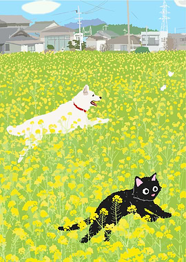Dog and Cat in Flower Field