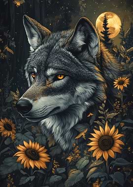 Wolf in Sunflower Field